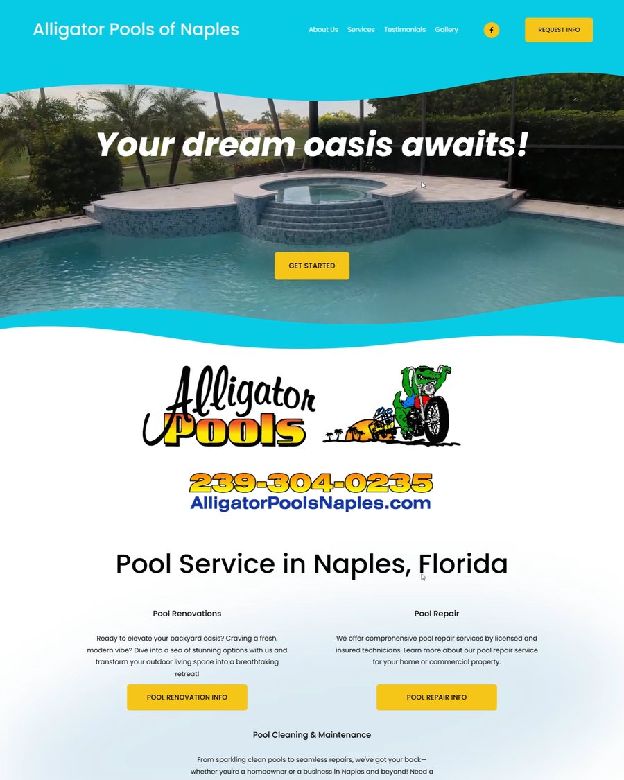Alligator Pools of Naples pool service and renovation website, designed and built by Premier Media Services